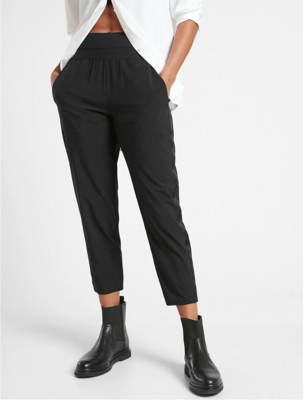 Athleta Black Tuxedo Stripe Nolita Slim Tapered Crop Pull On Pant, Size 14 - Picture 1 of 16